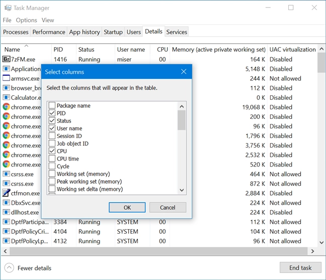 The Select Columns window shows a total of forty-six optional columns