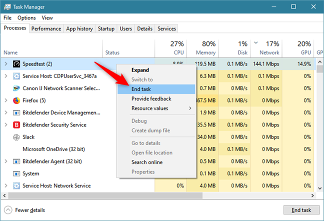 Closing an app that has too much internet traffic from the Task Manager