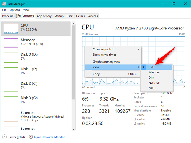 Opening the CPU section from Task Manager's Performance tab