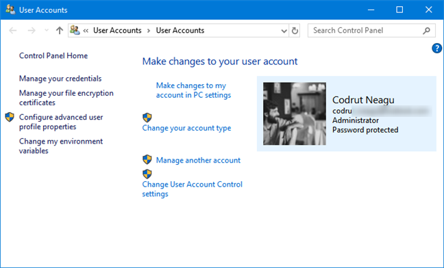 The User Accounts section from the Control Panel