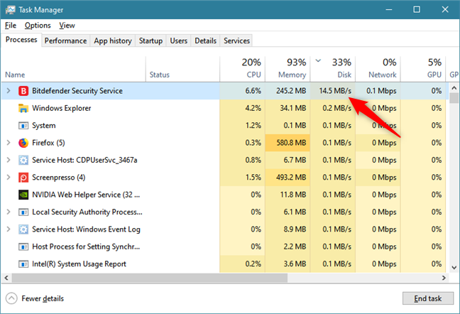 Finding the apps that use the disk intensively, with the Task Manager