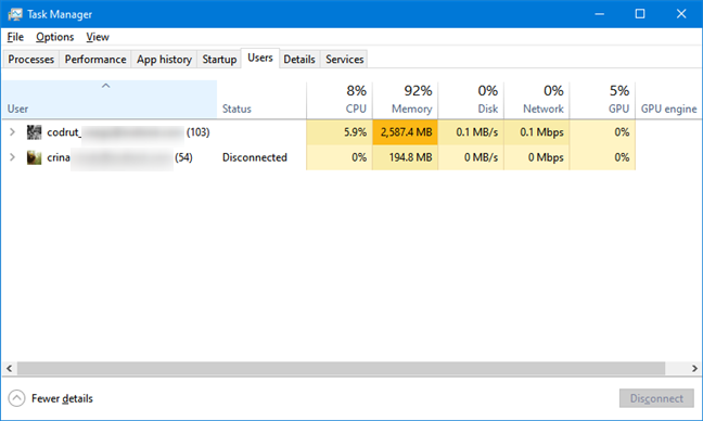 The signed-in users are shown in Task Manager