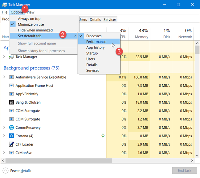 Choosing the default tab for Task Manager