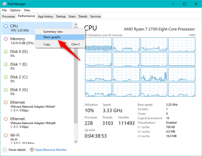 Choosing to Show graphs in the Task Manager left column and in the Summary view