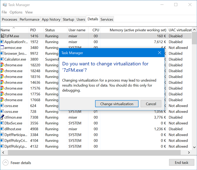 Confirm you want to Change virtualization for the process