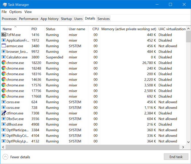 The default view of the Details tab in Windows 10's Task Manager