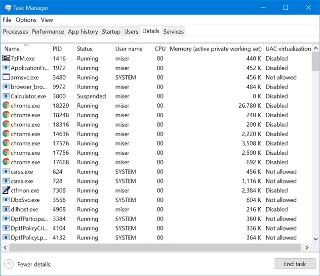The default view of the Details tab in Windows 10's Task Manager