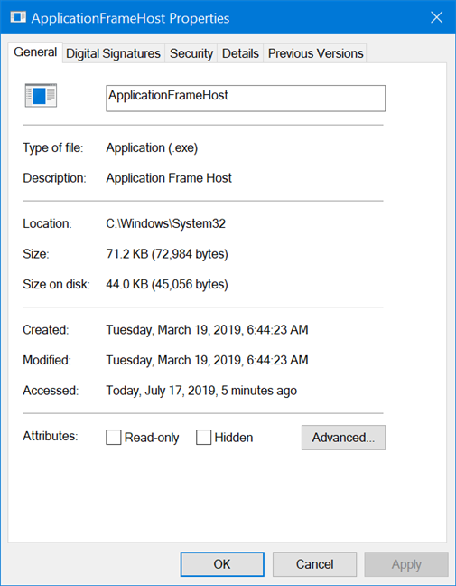 The properties of Application Frame Host