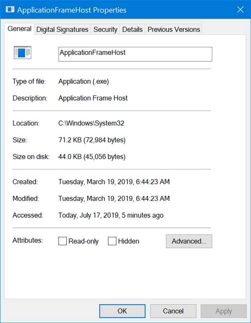 The properties of Application Frame Host