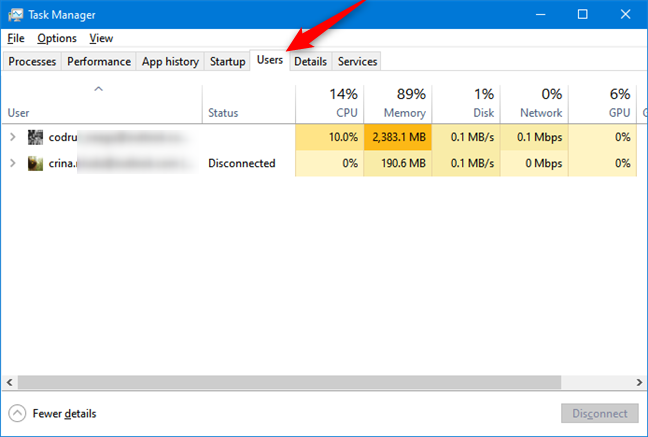 The Users tab from Task Manager