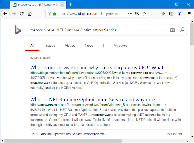 Your browser runs a Bing search with the service's name