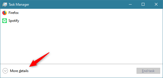 The More details button opens the detailed view of Task Manager