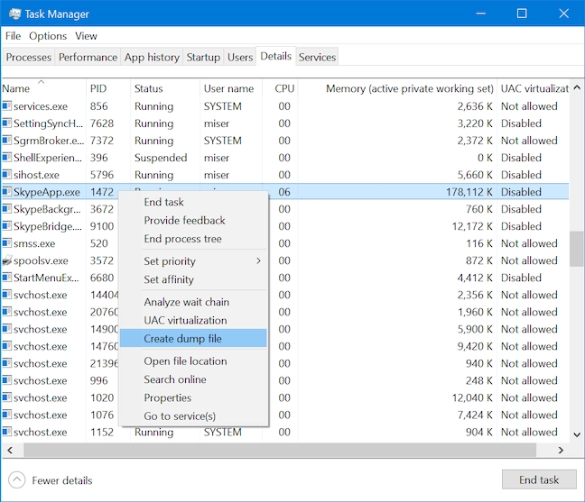 Create a dump file for a process