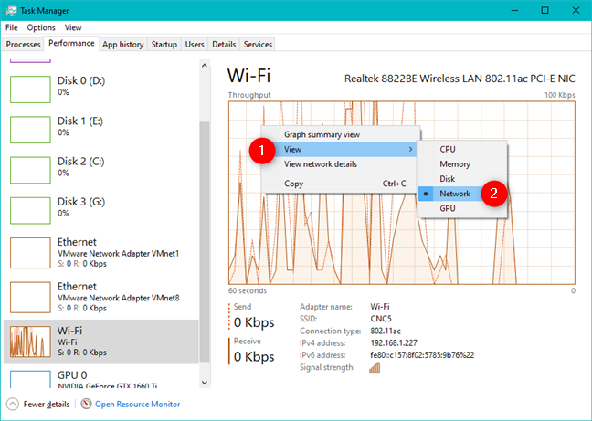 The Wi-Fi section from the Task Manager Performance tab