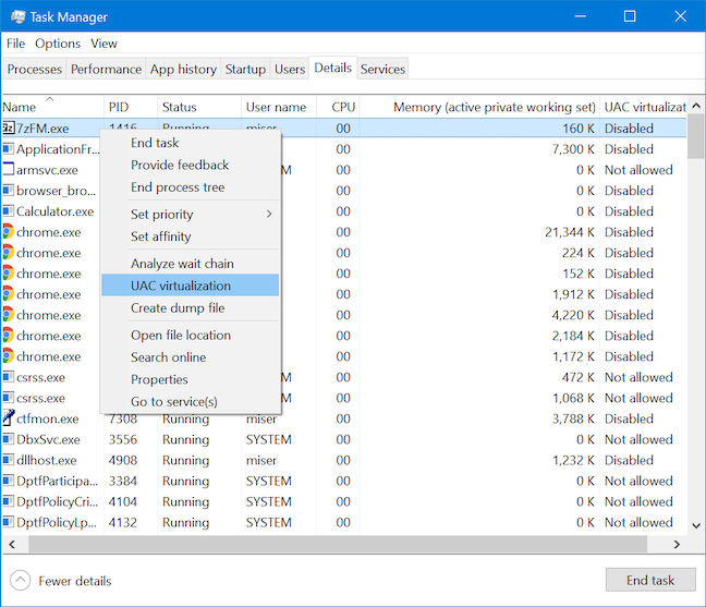 Start enabling UAC virtualization for a process by pressing it in its contextual menu