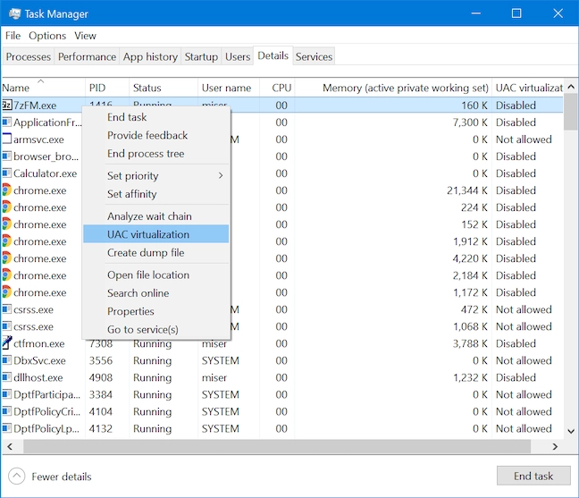 Start enabling UAC virtualization for a process by pressing it in its contextual menu