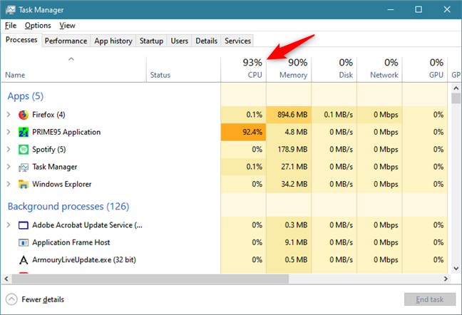 The CPU header from Task Manager's Processes tab