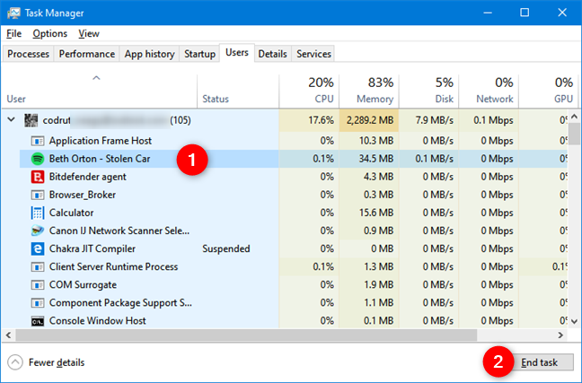 Ending a process in the Task Manager