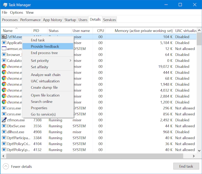 Provide feedback about a process from Task Manager's Details tab