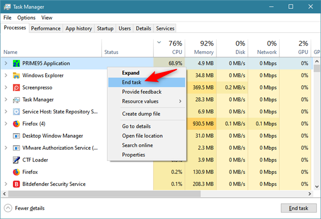 Closing an app with a high processor usage