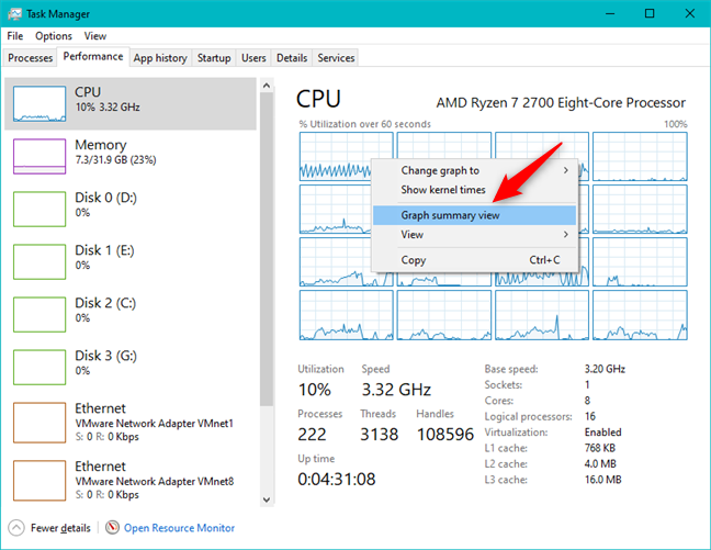 The Graph summary view option in the Task Manager