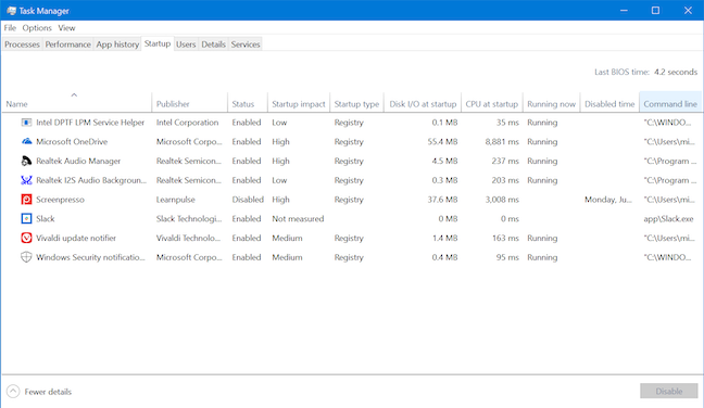 The Startup tab with all columns enabled, in the Task Manager