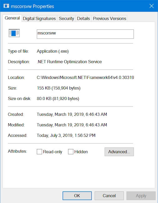 The Properties window for a Windows 10 process