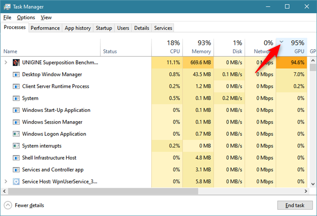 Sorting apps by graphics usage in the Task Manager