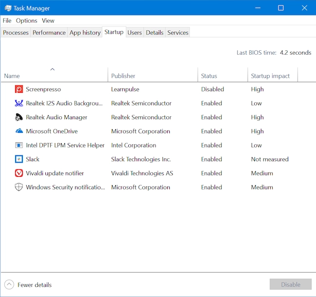 The Startup tab in the Windows 10 Task Manager