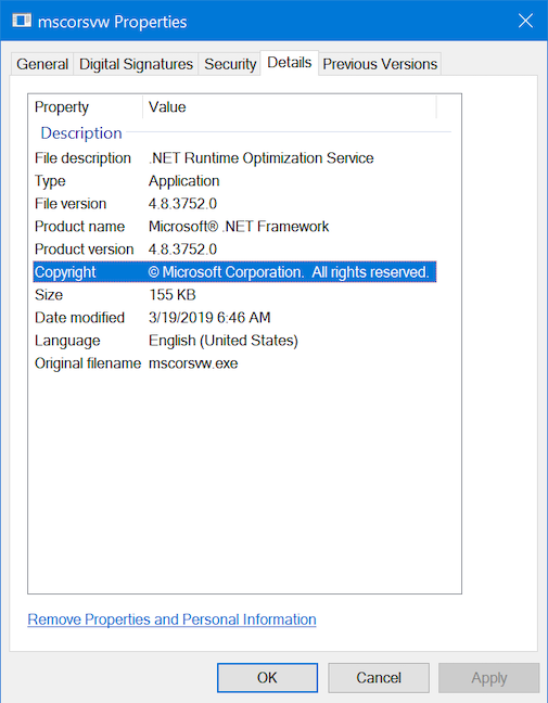 The Details tab of the Properties window for a Microsoft process