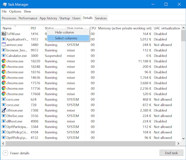 Press on Select columns to start adding more columns to the Details tab