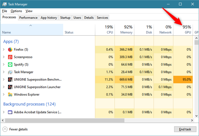 The GPU header from the Task Manager Processes tab