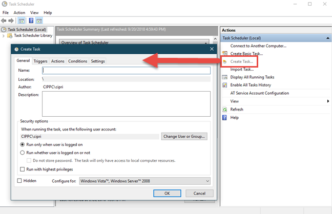 Creating a new task in Task Scheduler