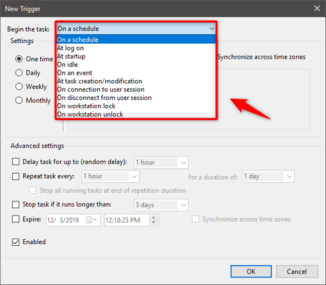 Choosing when to start the task in Task Scheduler