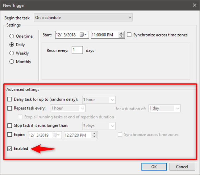 Configuring the advanced settings of a trigger