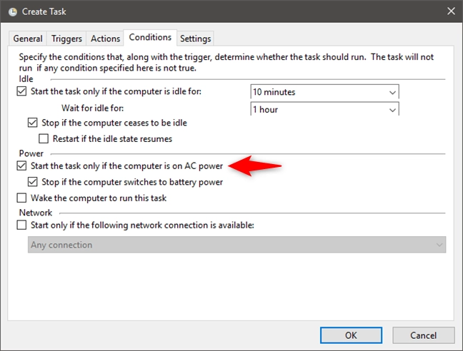 Choosing to start a task only if the PC is connected to AC power