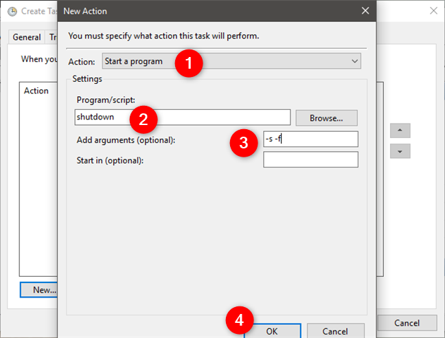 Configuring an action for shutting down a Windows PC