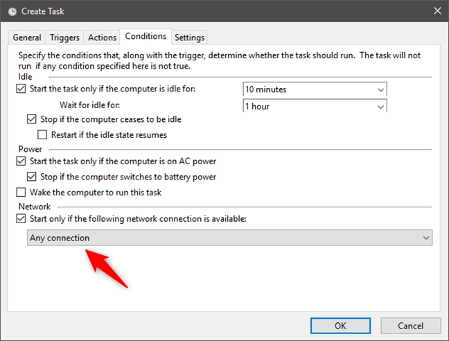 Choosing to start a task only if specified network connections are available