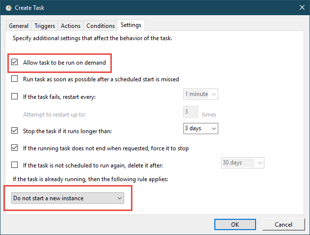 The settings you must enable for the scheduled task