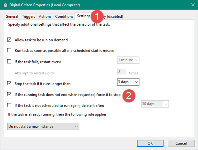 Configuring the Task Scheduler to force a scheduled task to stop if it does not stop by request