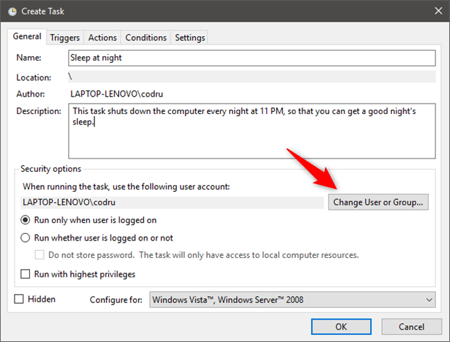Changing the user account that is used to run the task