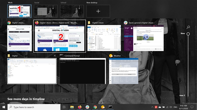 Hover over a virtual desktop and select the window you want to access