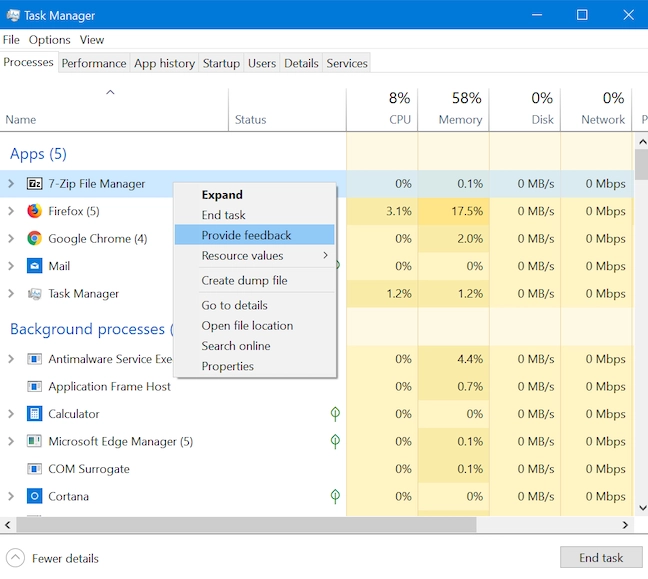 Provide feedback about apps from Task Manager