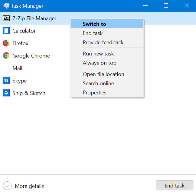 Switch between running programs from the Task Manager compact view