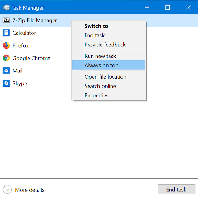 Keep Task Manager on top of other apps