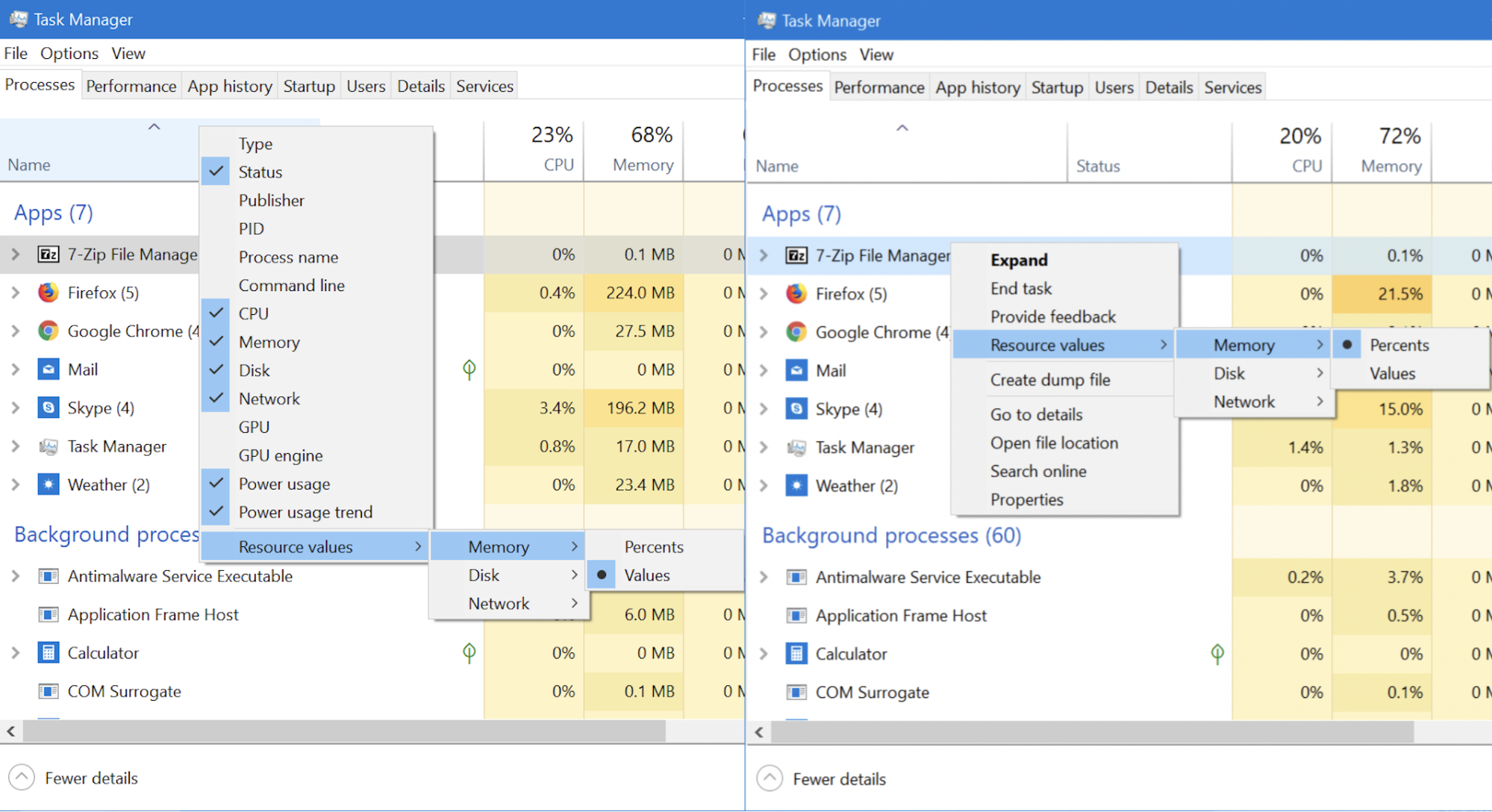 Choosing the Resource values shown by the Task Manager