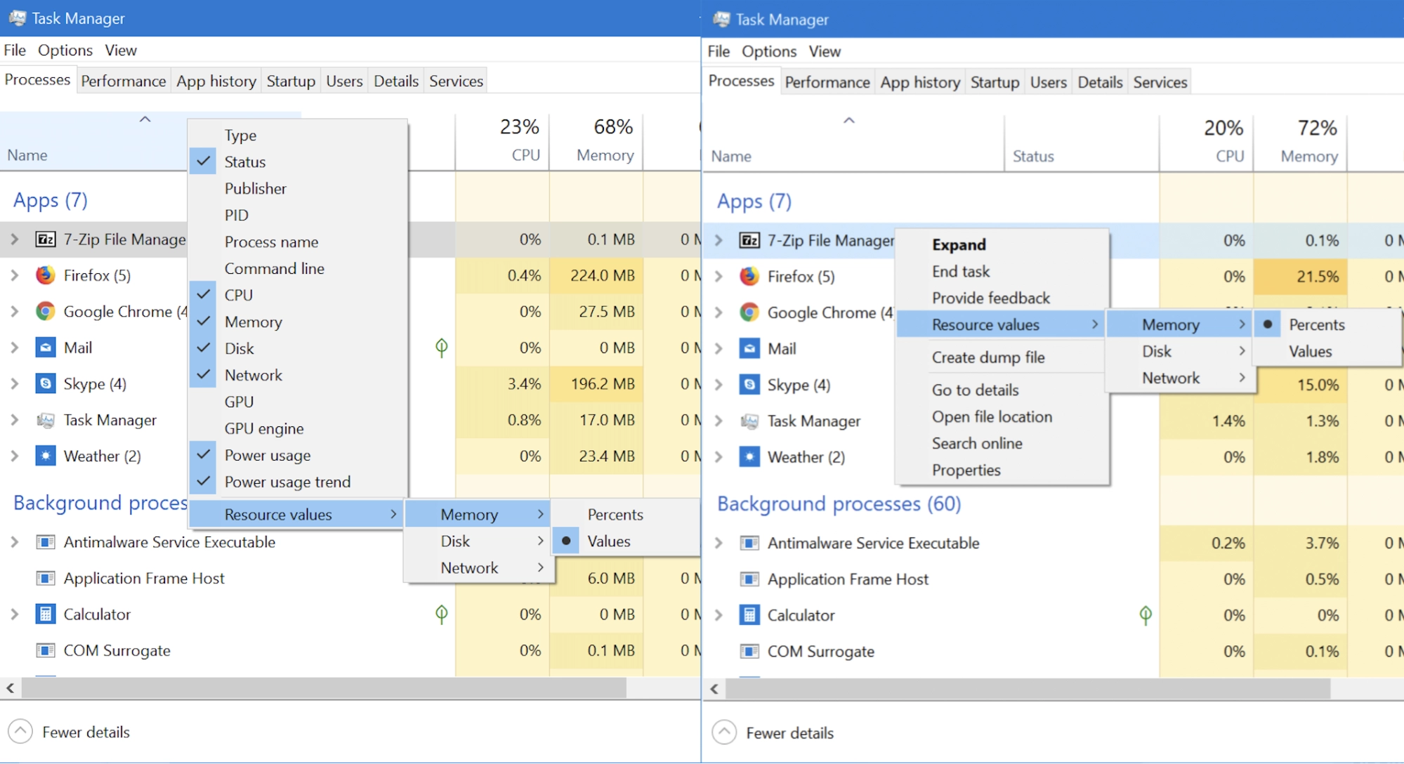 Choosing the Resource values shown by the Task Manager