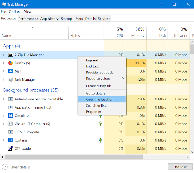 Open file location to find an app's executable