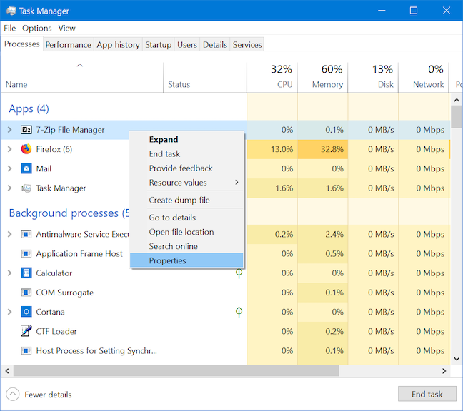 Pressing Properties provides more info about an app or a process