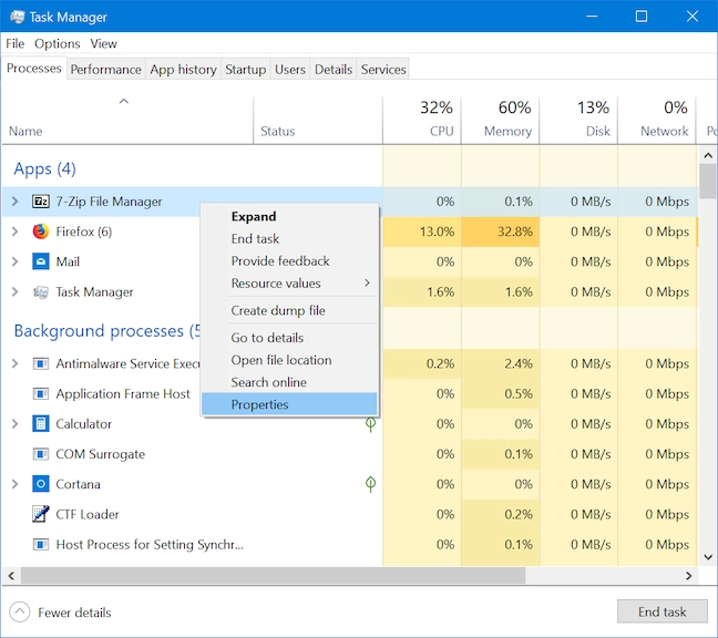 Pressing Properties provides more info about an app or a process